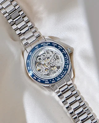 Blue Tachymeter Watch in 92.5 Silver front view - Silsila by Dvaar