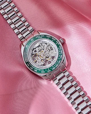 Green Tachymeter Watch in 92.5 Silver front view - Silsila by Dvaar