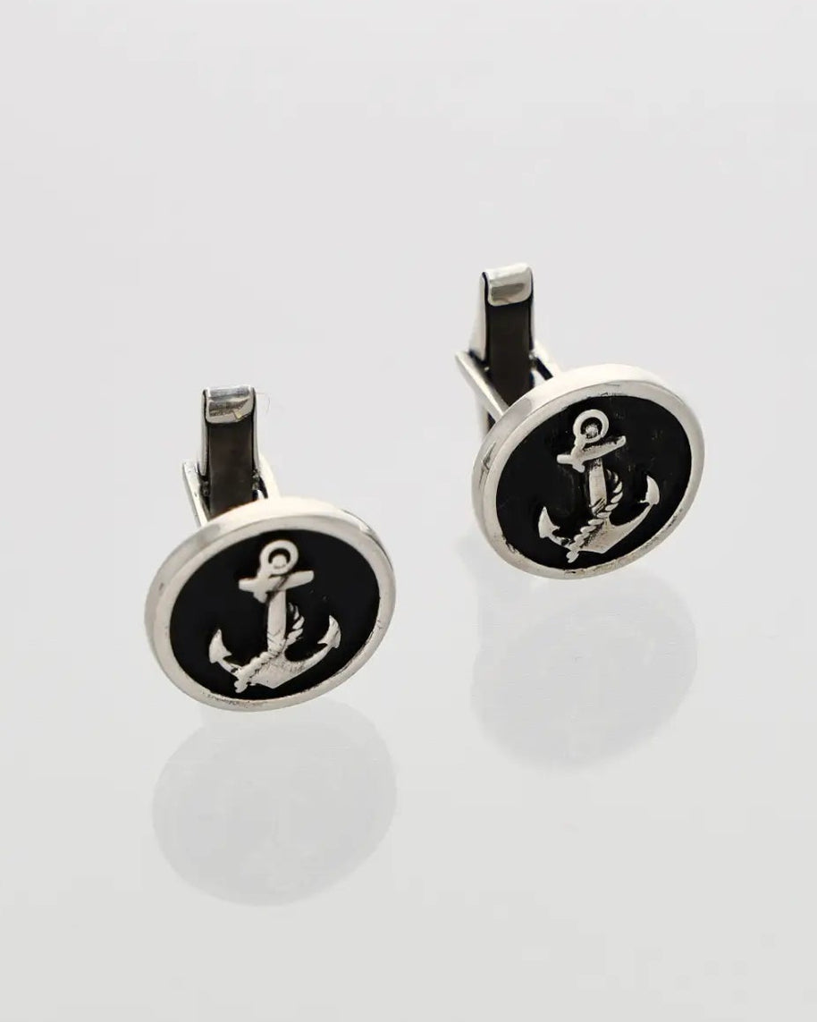 Anchor Cufflinks in 92.5 Silver front view - Silsila by Dvaar