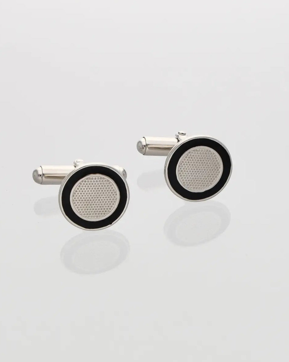 Black Circle Cufflinks in 92.5 Silver front view - Silsila by Dvaar