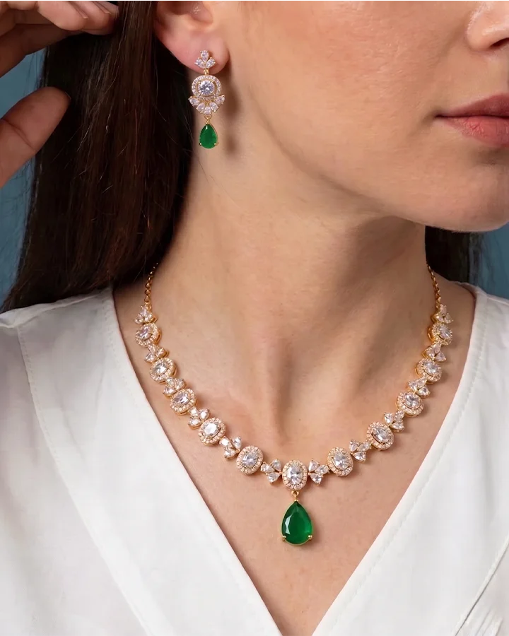 Emerald Necklace in 92.5 Silver - Silsila by Dvaar