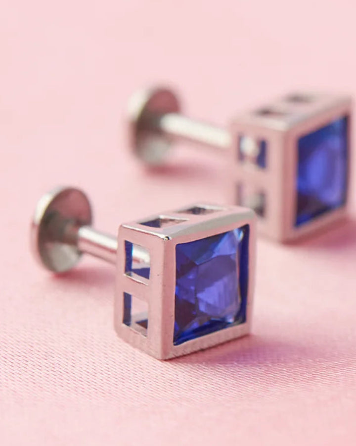 Sapphire Square Studs in 92.5 Silver