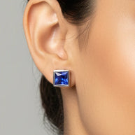 Sapphire Square Studs in 92.5 Silver