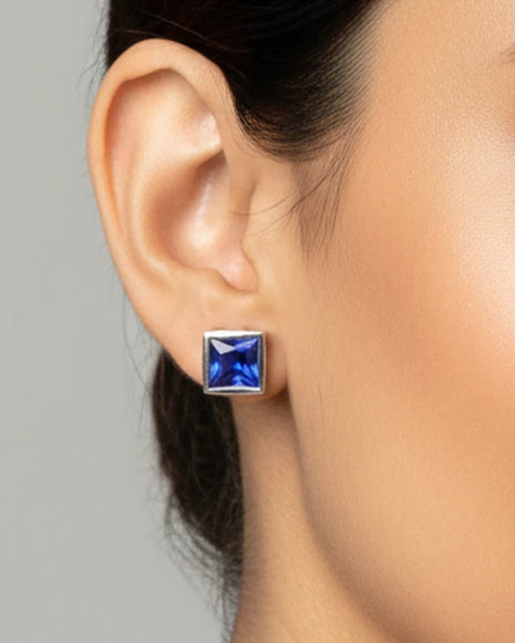 Sapphire Square Studs in 92.5 Silver