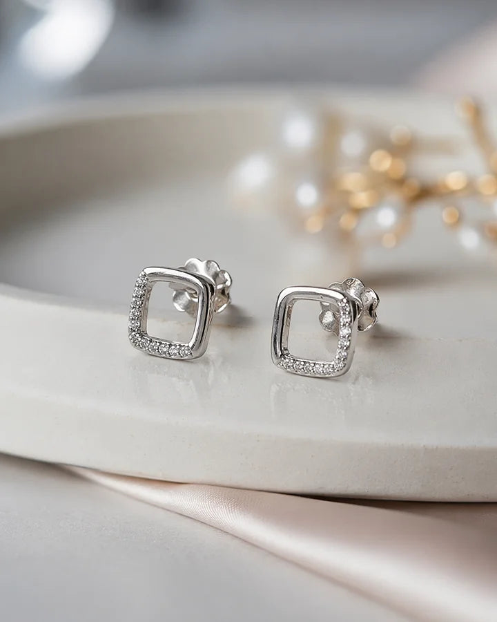 Square Rhodium Studs in 92.5 Silver