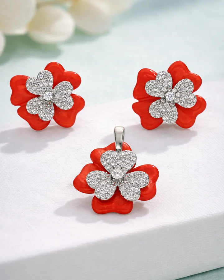 Crimson Flora Set in 92.5 Silver