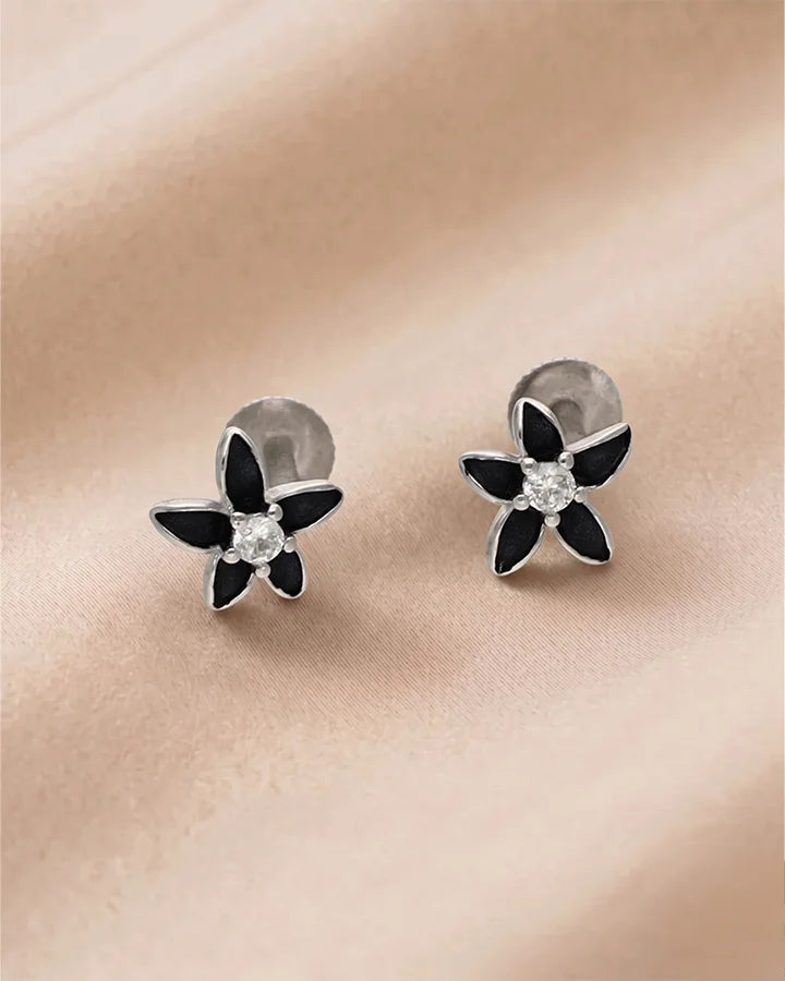 Black Flora Studs in 92.5 Silver