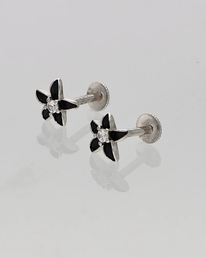 Black Flora Studs in 92.5 Silver