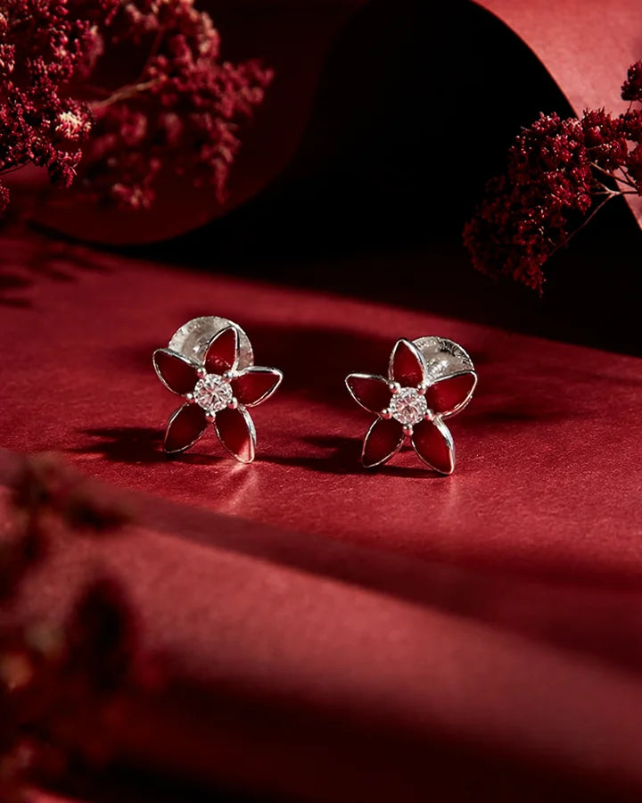 Red Flora Studs in 92.5 Silver