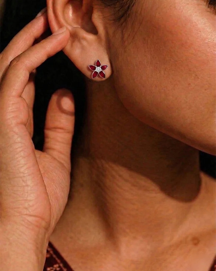 Red Flora Studs in 92.5 Silver