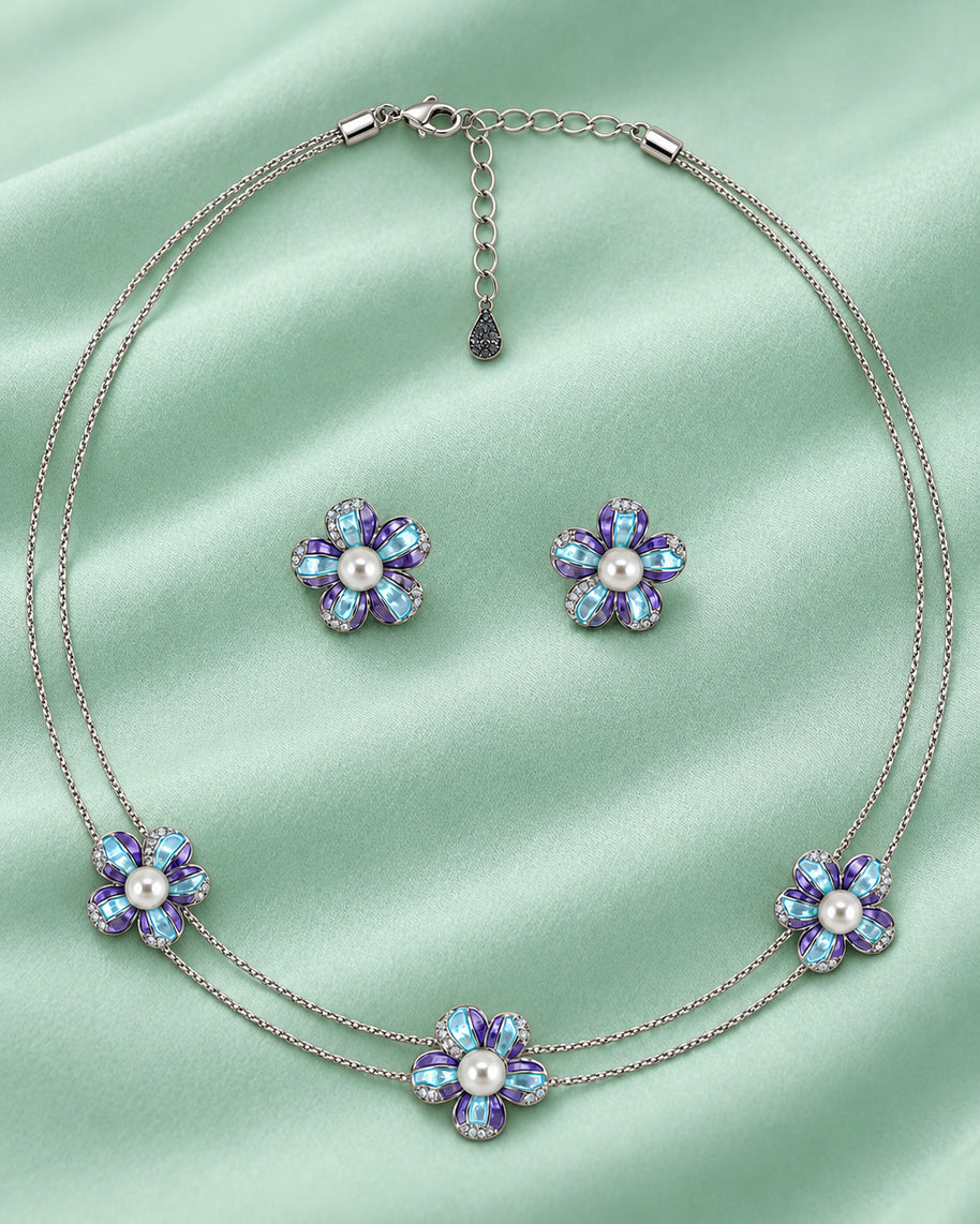 Teal Violet Pearl Blossom Necklace in 92.5 Silver
