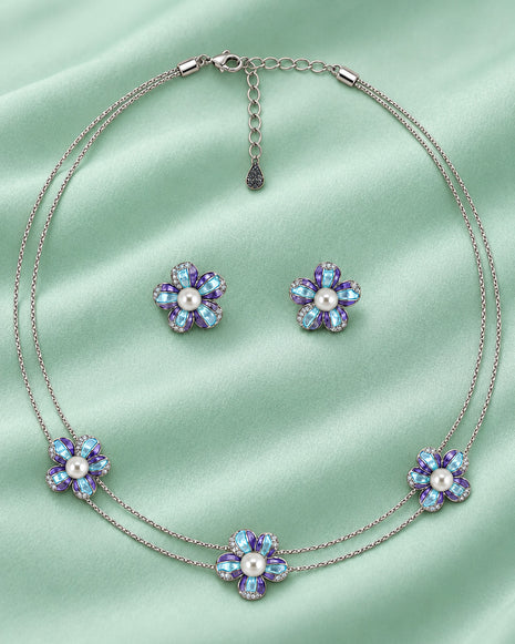 Teal Violet Pearl Blossom Necklace in 92.5 Silver