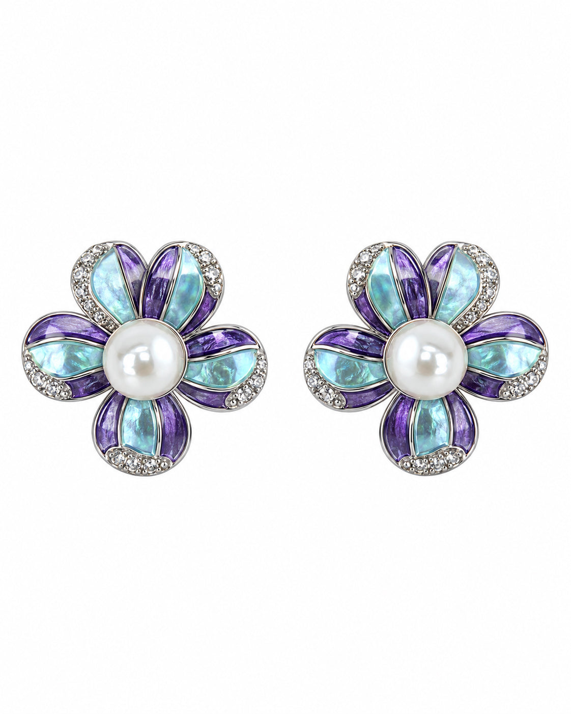 Teal Violet Pearl Blossom Necklace in 92.5 Silver