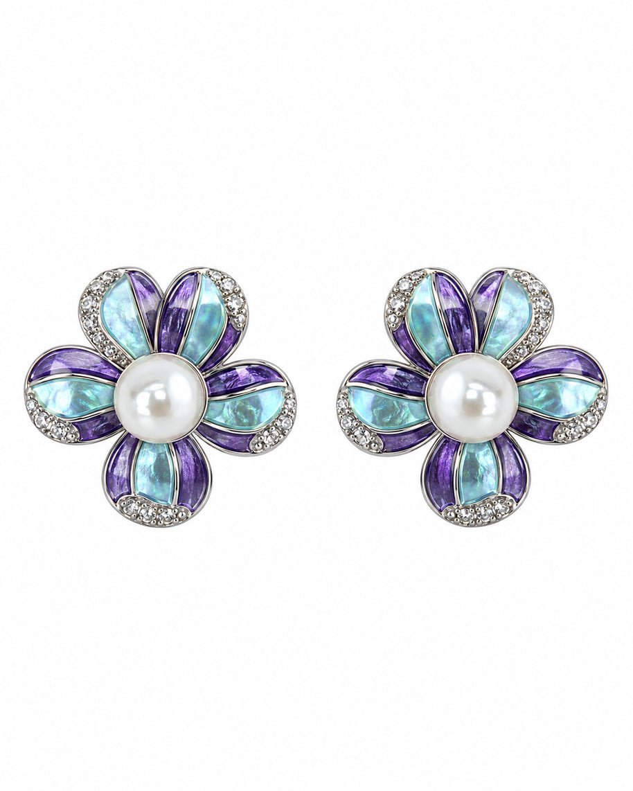 Teal Violet Pearl Blossom Necklace in 92.5 Silver