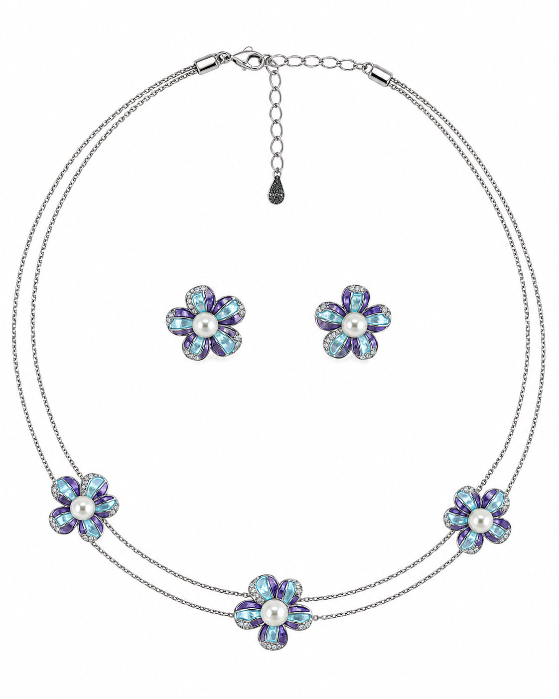 Teal Violet Pearl Blossom Necklace in 92.5 Silver