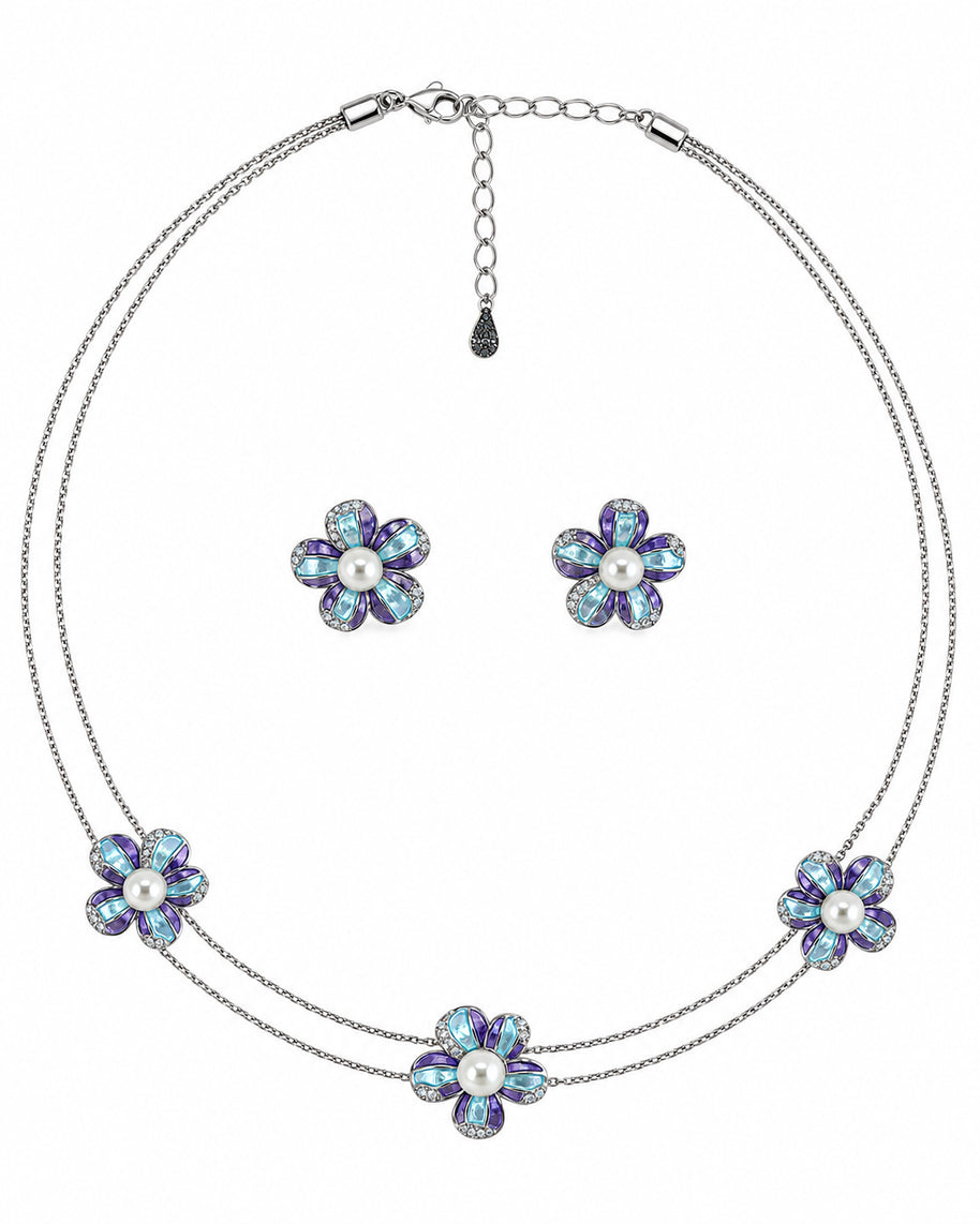 Teal Violet Pearl Blossom Necklace in 92.5 Silver