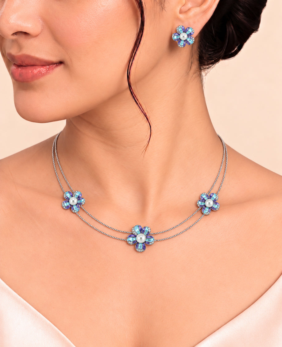 Teal Violet Pearl Blossom Necklace in 92.5 Silver