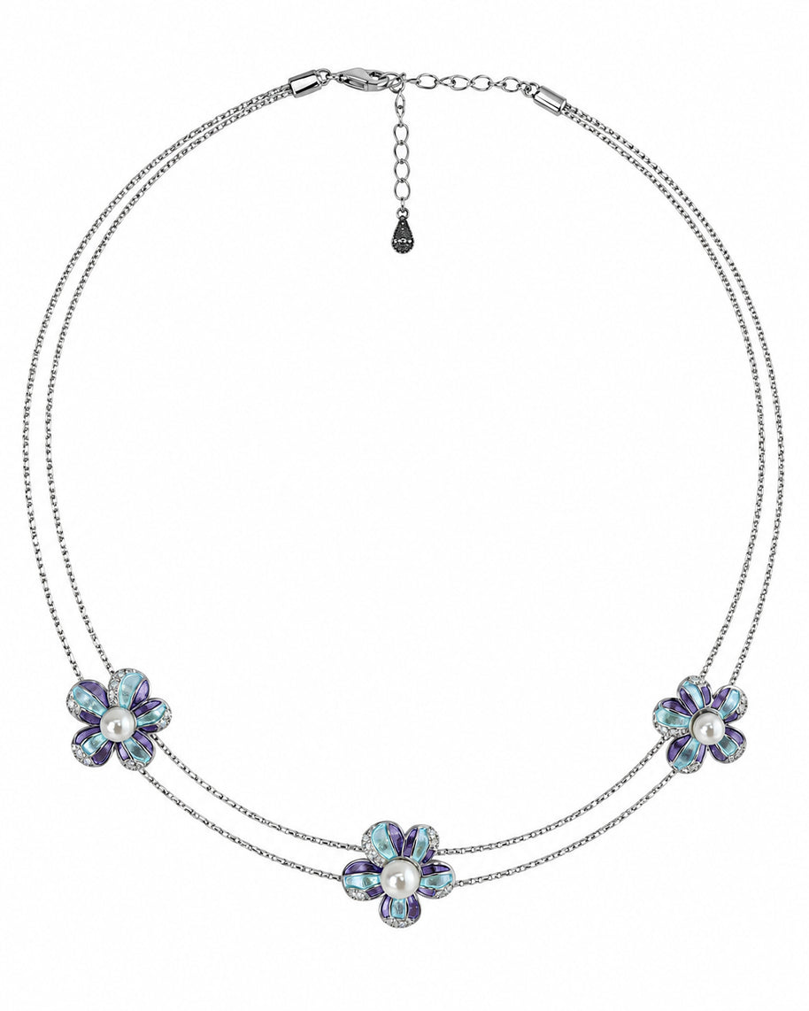 Teal Violet Pearl Blossom Necklace in 92.5 Silver