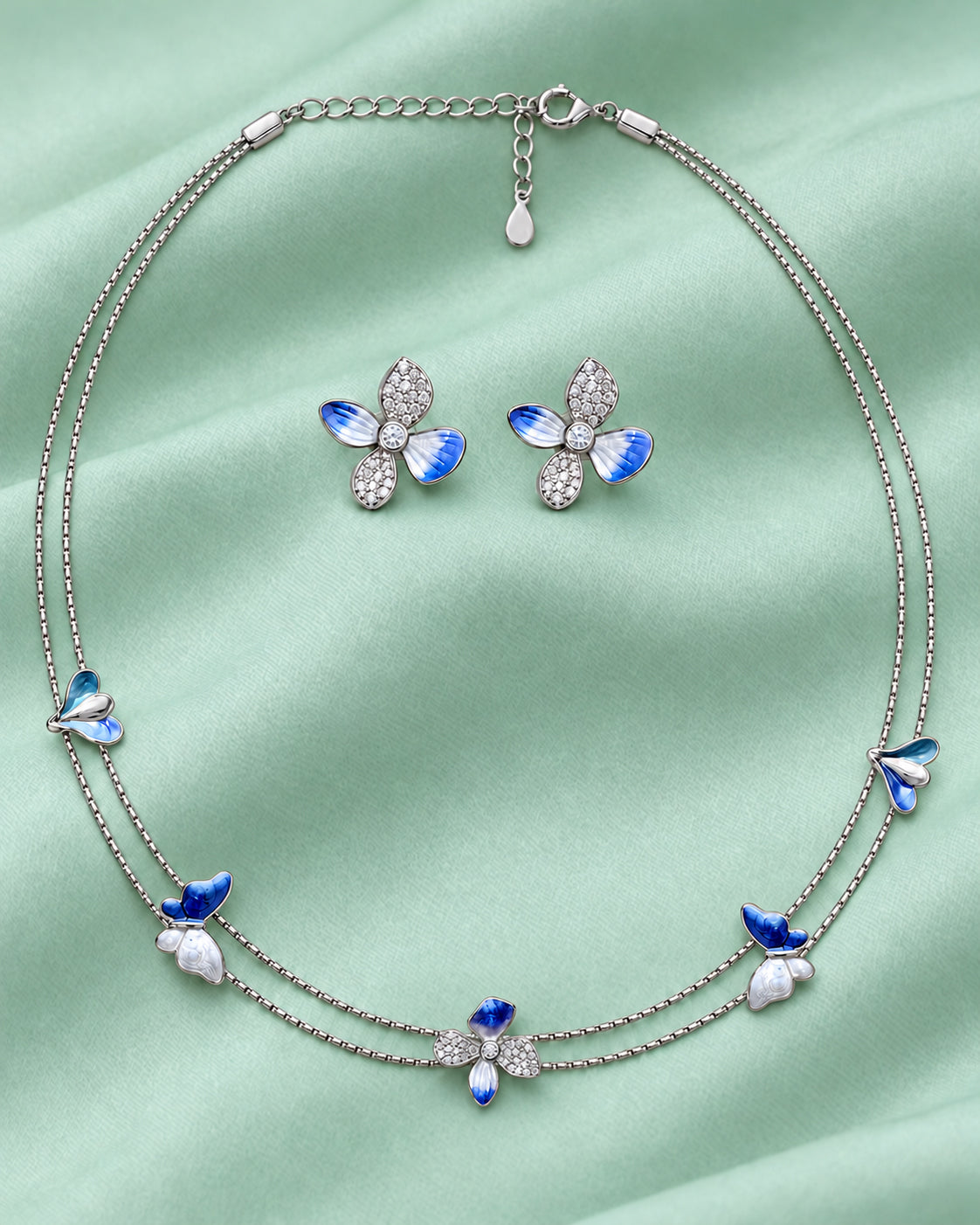 Blue Flutter Blossom Necklace in 92.5 Silver