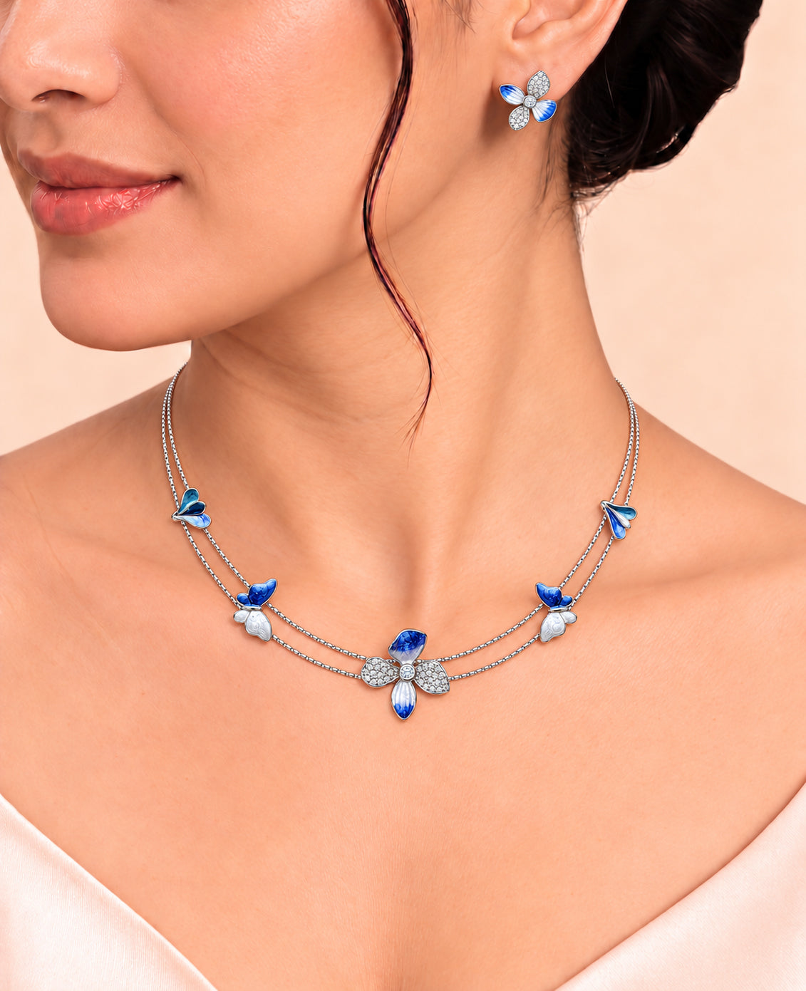 Blue Flutter Blossom Necklace in 92.5 Silver