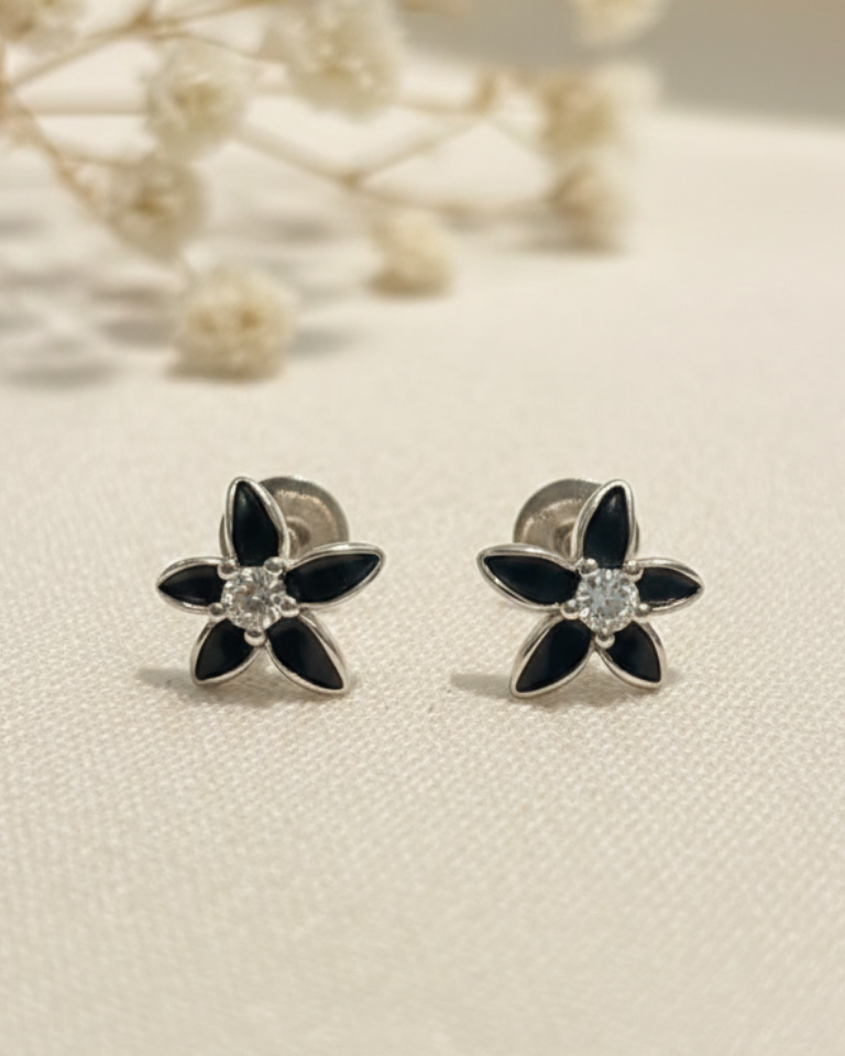 Black Flora Studs in 92.5 Silver