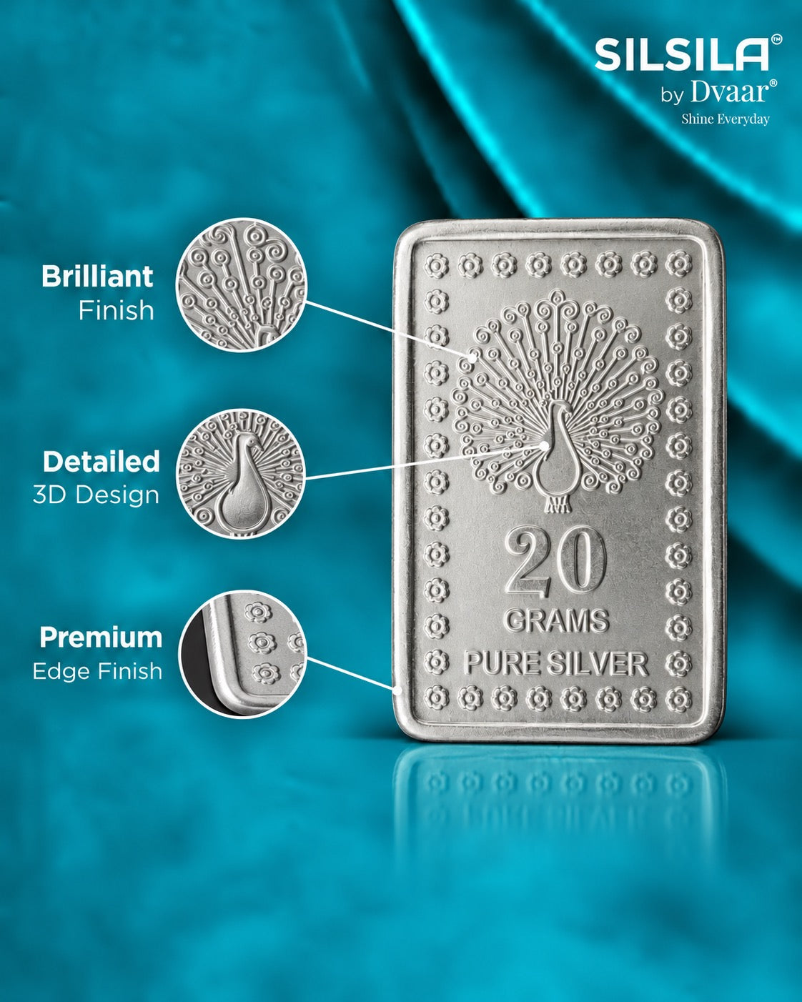 20 grams bar in 999 Silver detailed design
