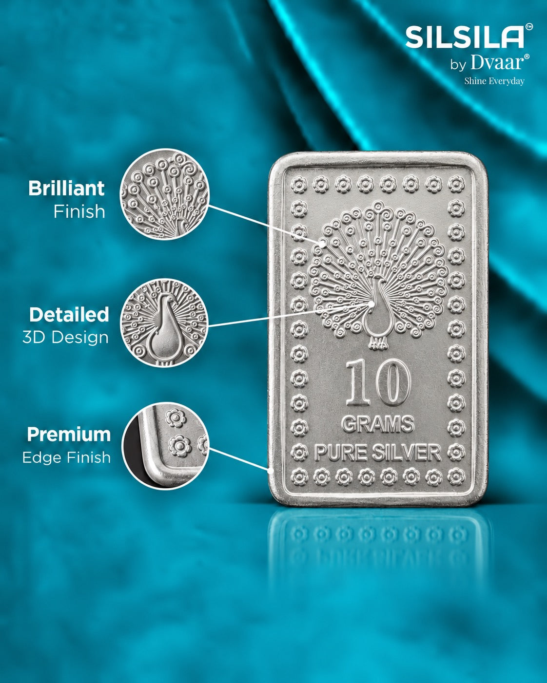 Detailed design 10 grams bar in 999 Silver