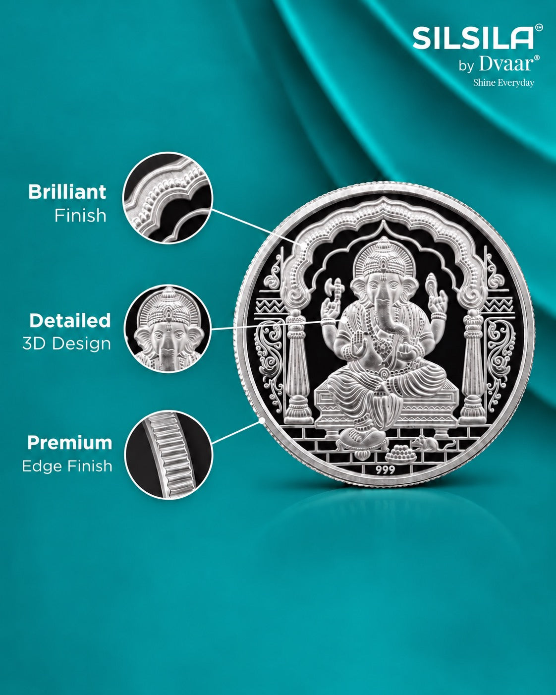 detailed design Ganesha Coin in 999 Silver